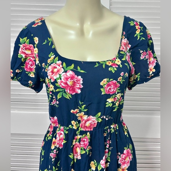 Ambiance Blue Floral Boho Square Neck Pleated Dress Size L - Picture 2 of 9